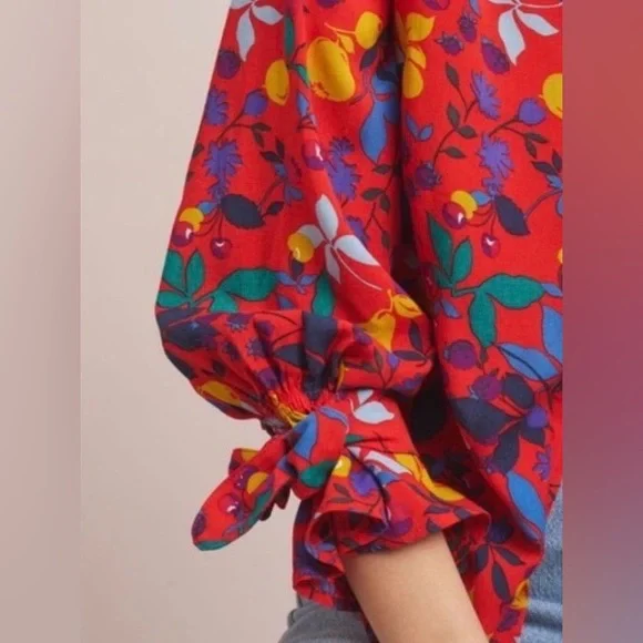 Maeve Red Floral Button-Down Shirt w/ Multicolor fruit Print Sz 12 - Picture 2 of 12